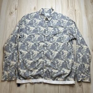Serge Blanco Blue Button Up Shirt Camo Pattern Green Cotton Mens Size Large